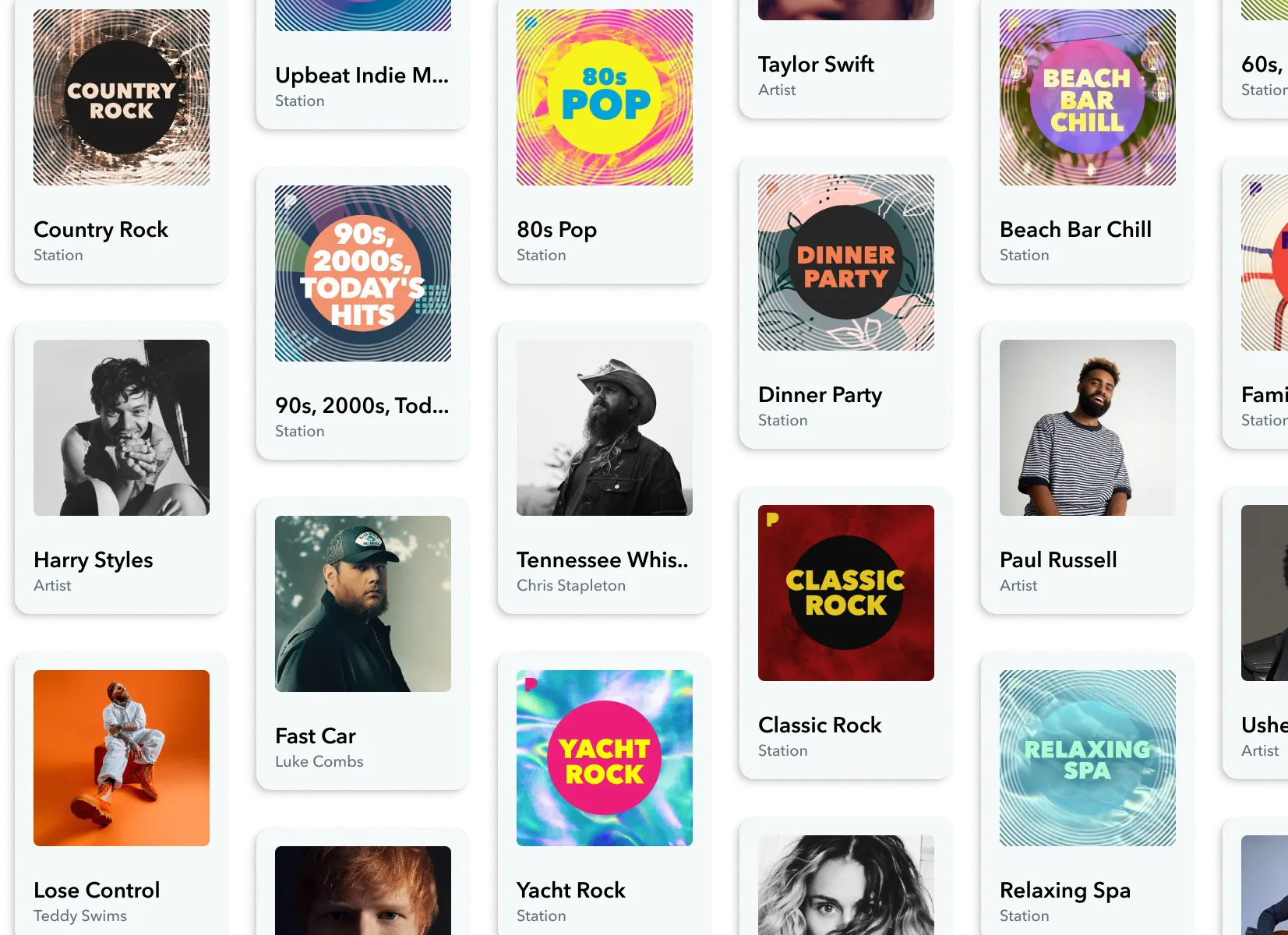 A decorative image of showcasing popular Pandora Stations